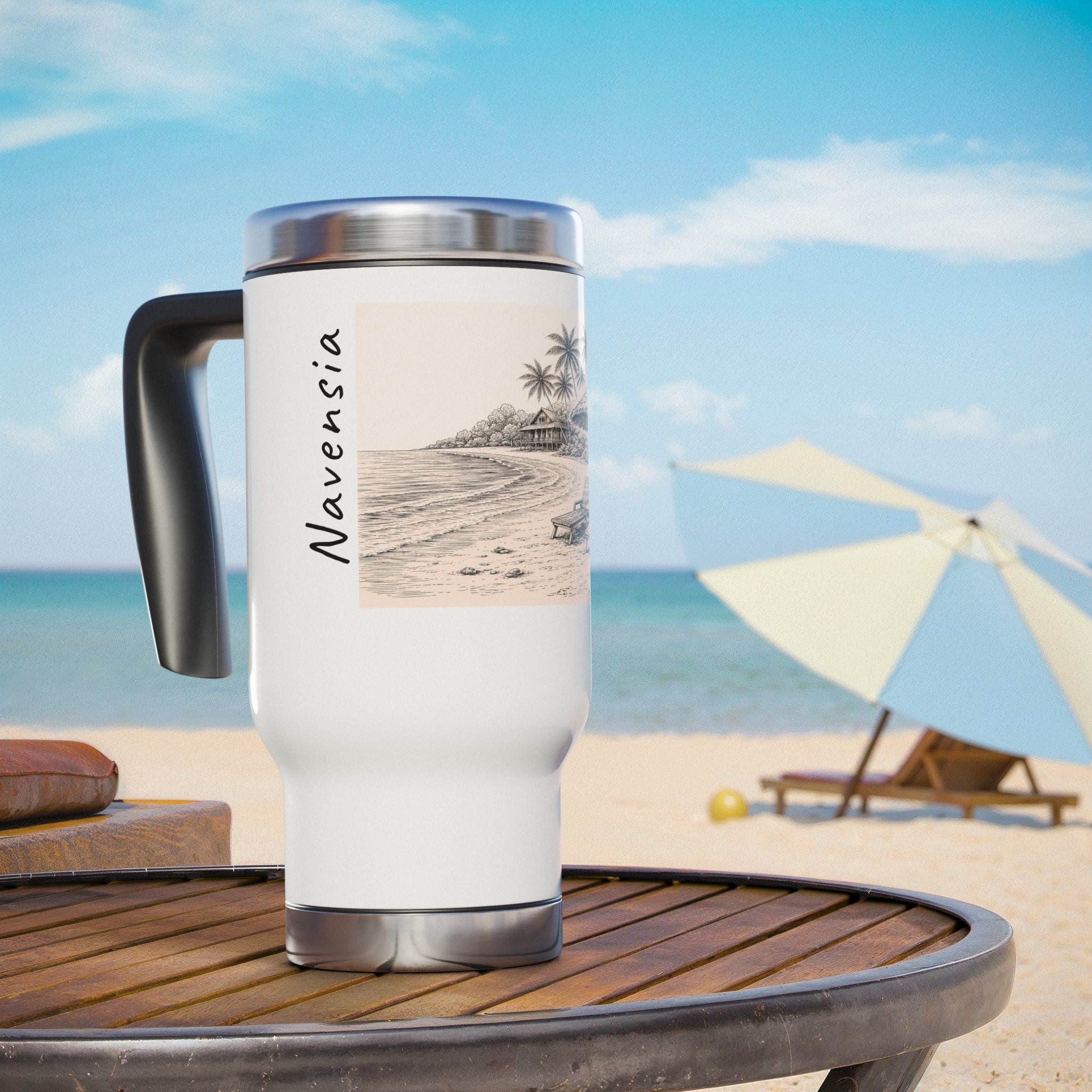 Beach Sketch Travel Mug — 'Navensia' Stainless Steel 14oz with Handle