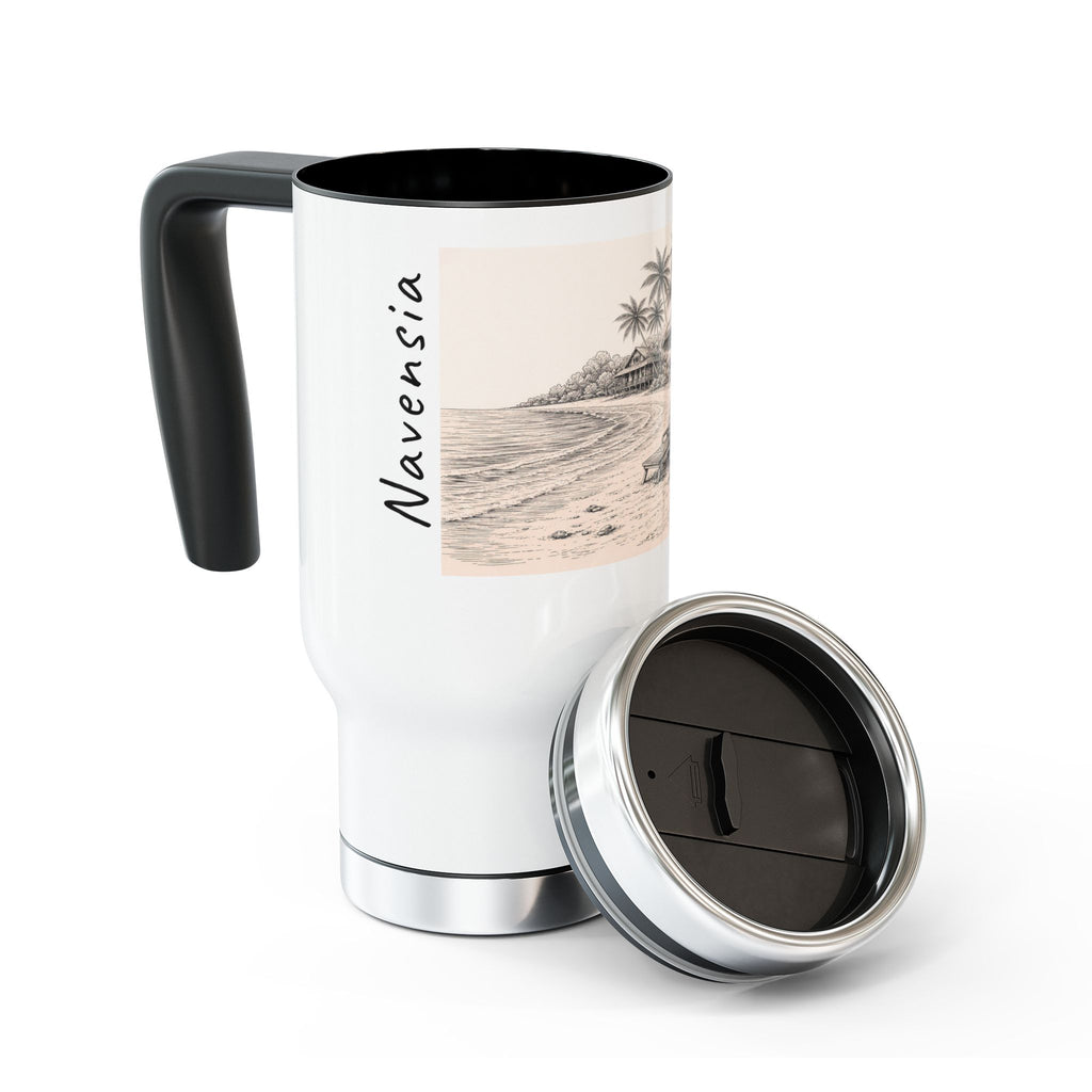 Beach Sketch Travel Mug — 'Navensia' Stainless Steel 14oz with Handle