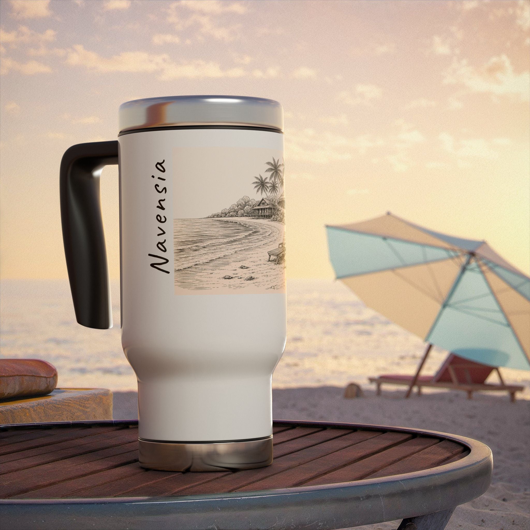 Beach Sketch Travel Mug — 'Navensia' Stainless Steel 14oz with Handle
